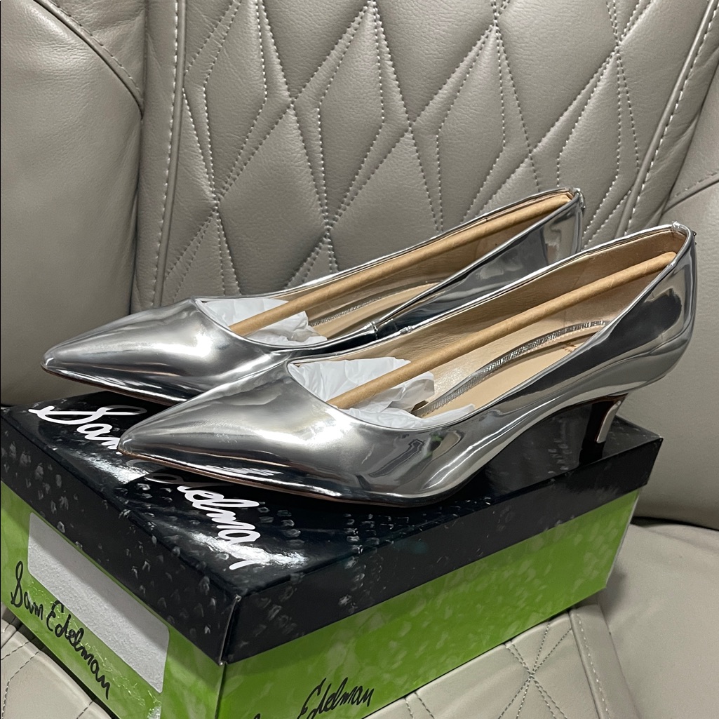 Sam Edelman Dori Silver Metallic Pointed Toe Mid-Heel Pumps